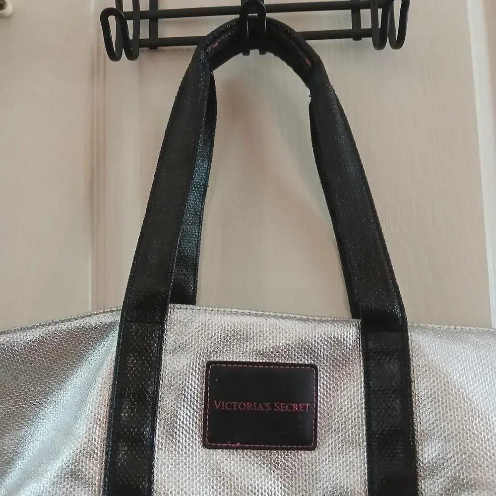 Victoria's Secret Silver Metallic Tote Bag Beach Bag Carry All Weekender Y2K